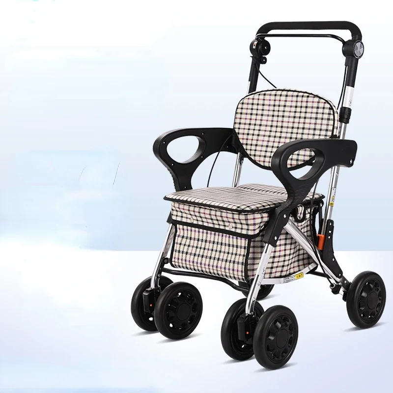 Adjustable Height Elderly Handcart Mobility Aids Lightweight Four-wheel Assisted Walker Can Sit Portable Foldable Shopping Cart