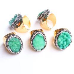 Irregular Druzy Quartz Stone Open Ring for Women Micro Inlay Black Rhinestone Gold Plated Boho Finger Jewelry Resizable