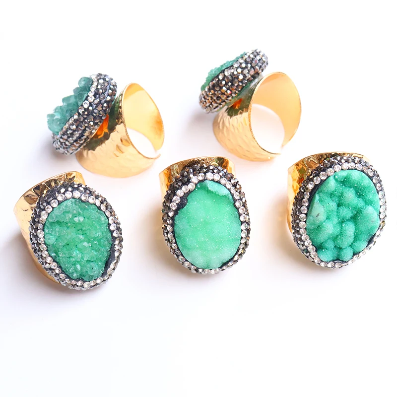 Irregular Druzy Quartz Stone Open Ring for Women Micro Inlay Black Rhinestone Gold Plated Boho Finger Jewelry Resizable