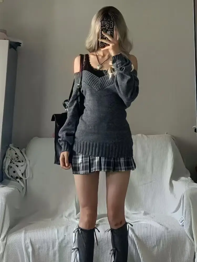 2025 موضة المرأة الاتجاه مثير سترة Vintage سترة برقبة على شكل v وقميص قصير رمادي الخريف الشتاء بلوفر مغزول كل مباراة البلوزات #6