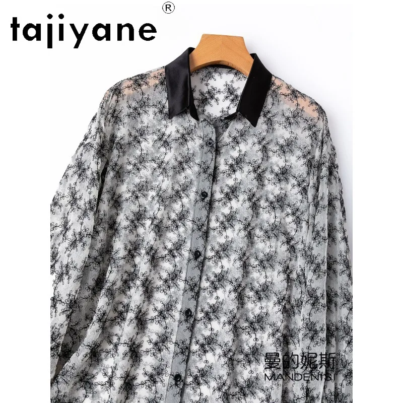 

TAJIYANE 100% Mulberry Silk Blouses Square Neck Shirt Sunscreen Blouses for Woman Floral Summer Tops for Women Clothes Loose 셔츠