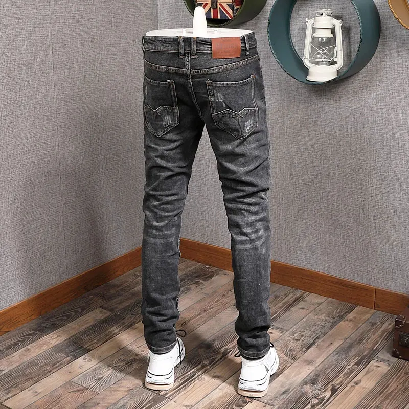 Fashion Designer Men Jeans Retro Black Gray Slim Fit Stretch Ripped Jeans Men Hole Trousers Vintage Casual Denim Pants Hombre