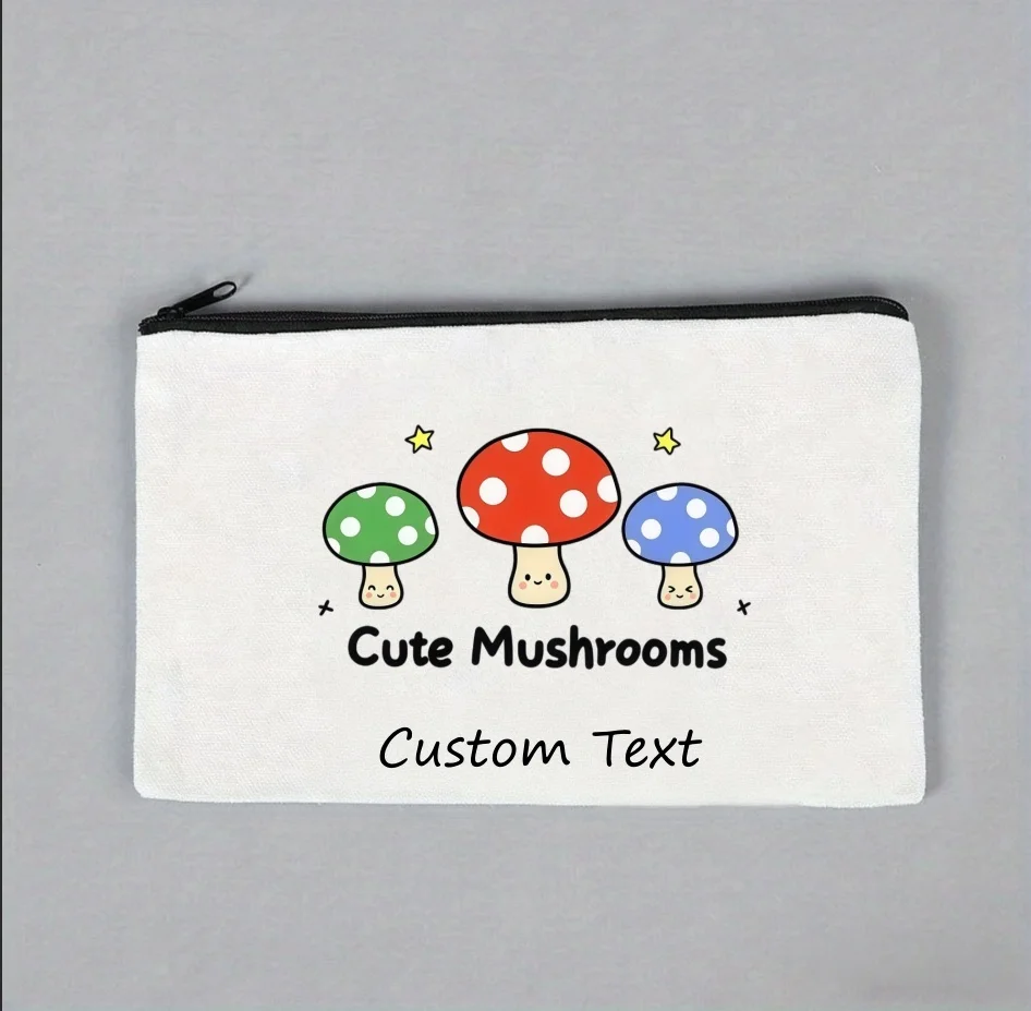 1PC Custom Text Cute Colorful Mushroom Cosmetic Bag Personalized Canvas Zipper Makeup Storage Pouch view 5
