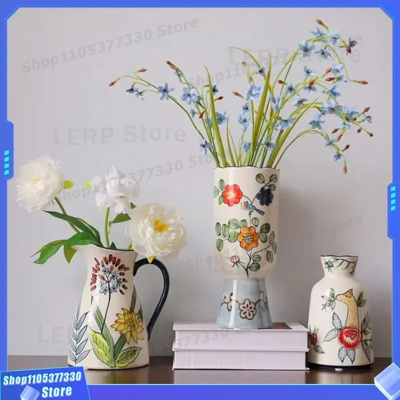 Hand Painted Ceramic Vase with Flower Bird Pattern Hydroponic Half Chamber Bamboo Pot for Living Room Home Decor Modern Style