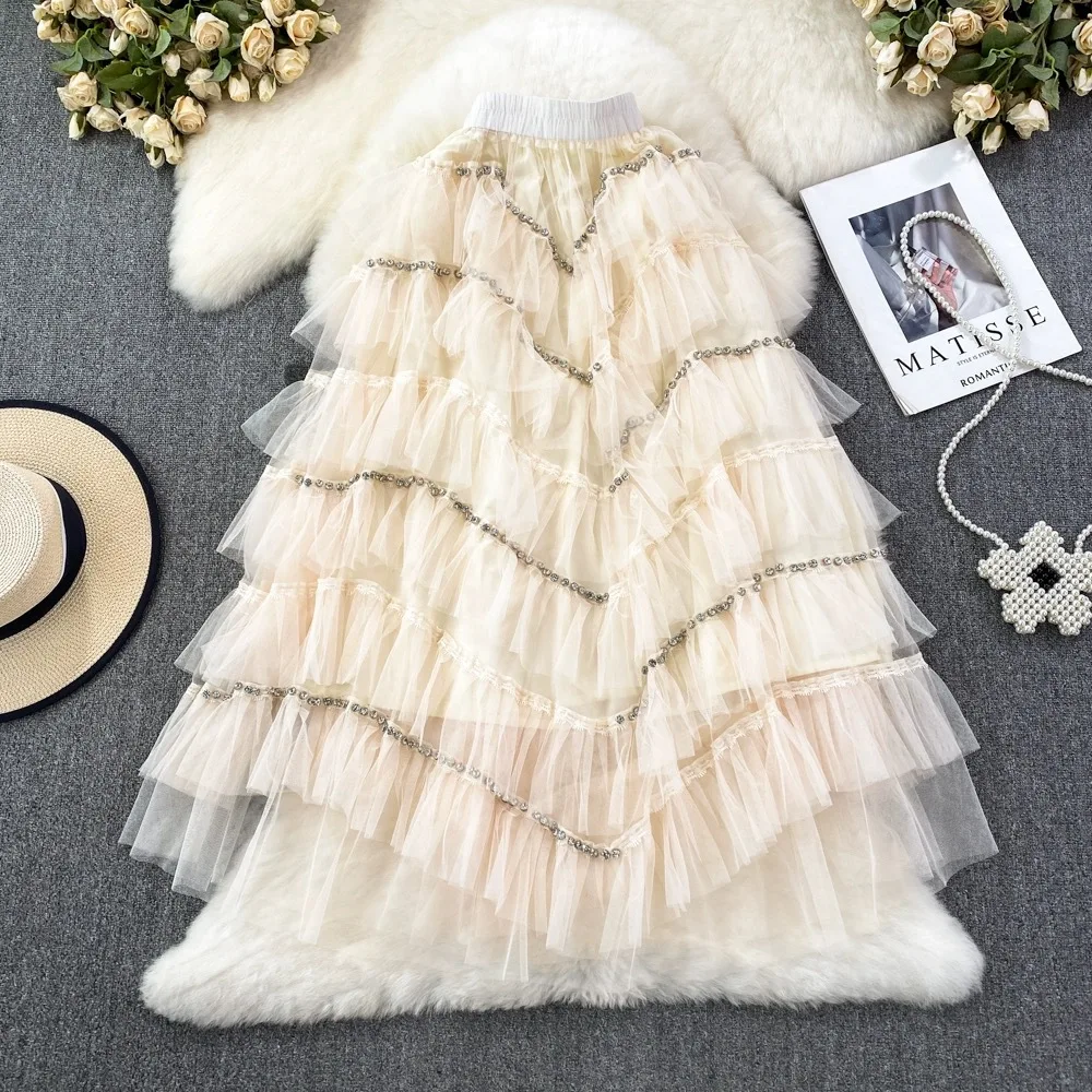 

2025 Summer New Fashion Women's Elastic Waist Casual Trendy Solid Color Beige A-line Ankle Length Elegant Skirts Female Clothes