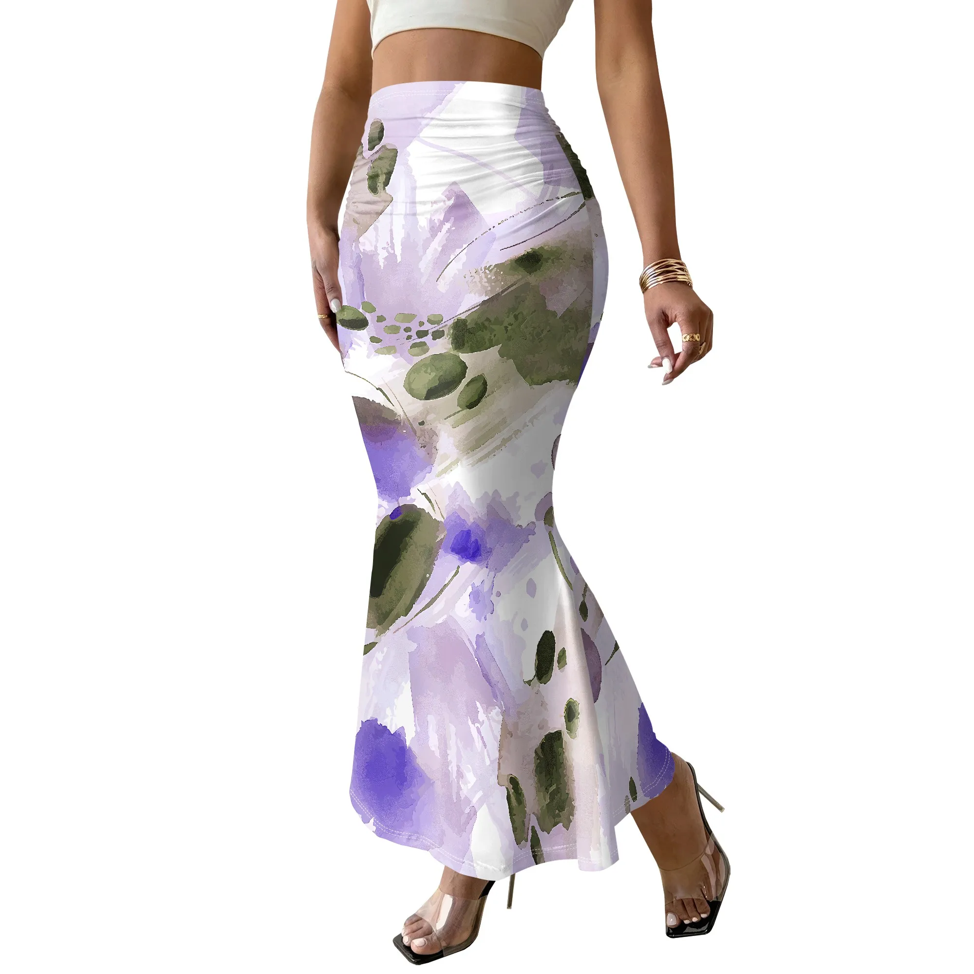 Watercolor Lotus Mermaid Skirt, Purple Floral Print Midi Skirt, Ruched Waist Bodycon Skirt for Women Party Club Wear, S-2XL