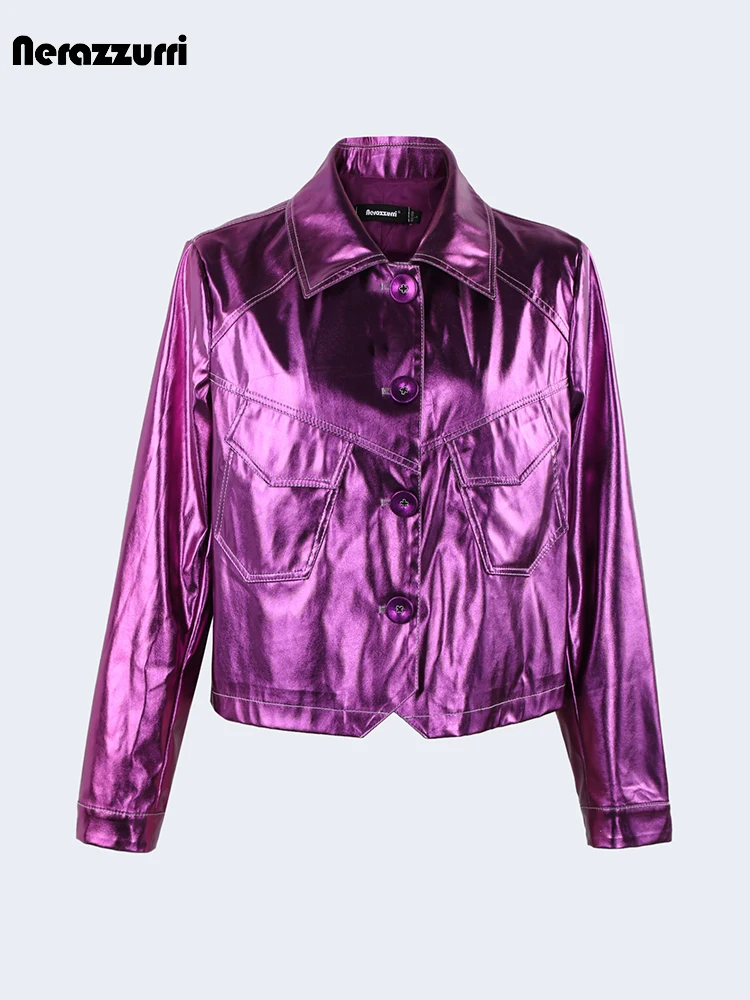 Nerazzurri Spring Autumn Cool Short Shiny Reflective Patent Pu Leather Jacket Women Pockets Luxury Designer Y2K Clothes 2023