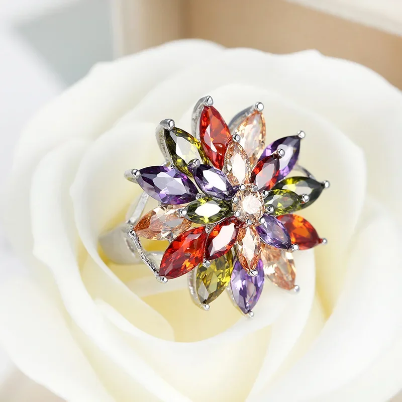 SODROV Luxury Exaggerated Crystal Rainbow Jewelry Rings for Women Engagement Wedding Colorful Zircon Flower Ring