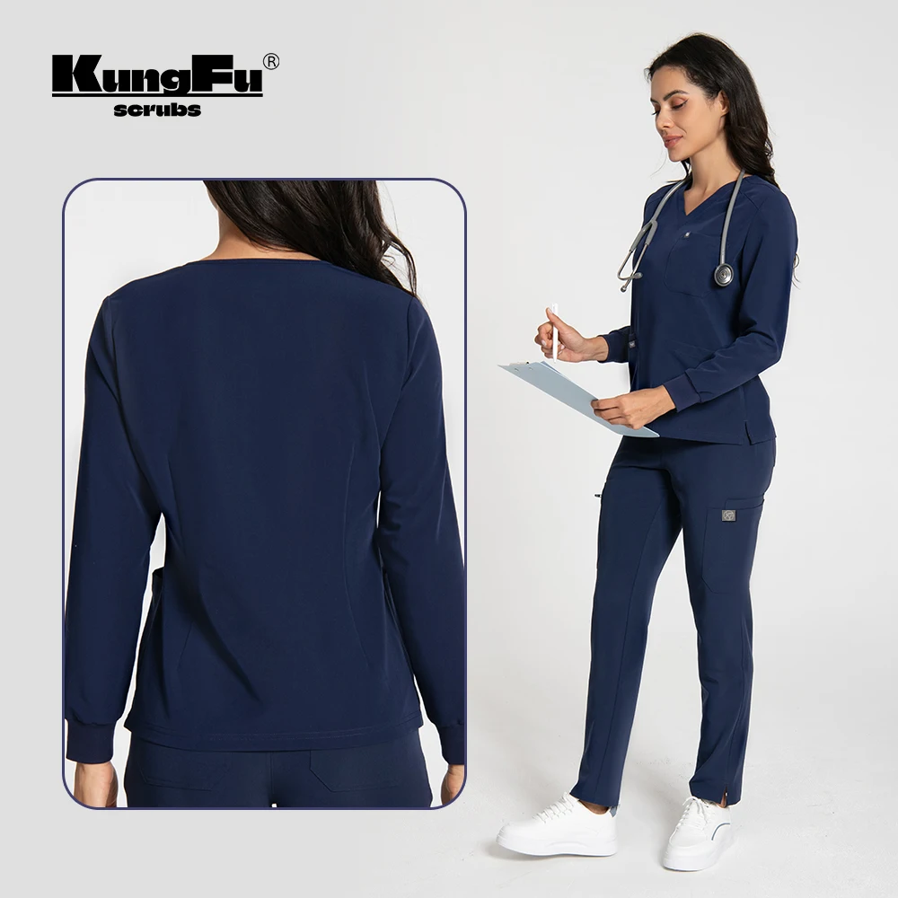 Kungfu scrubs feminino de manga comprida médico não formal com impermeável antibacteriano respirável esfrega vestido cirúrgico enfermeira workwear