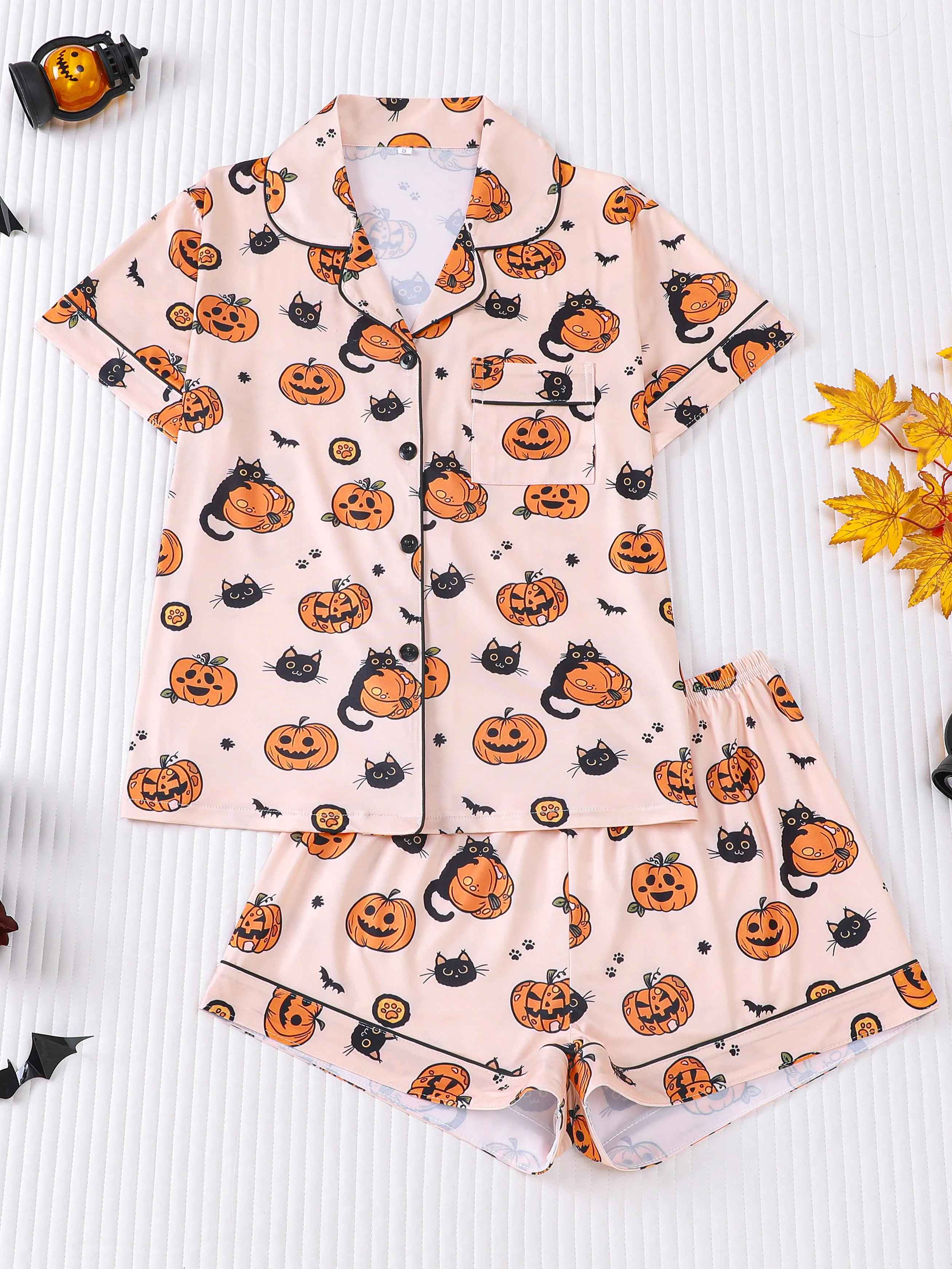

Women's 2-piece cartoon party kitten pumpkin Halloween funny print women can wear pajamas party set short sleeved collared card