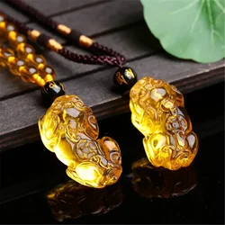 Hand Carved Natural Citrine Pixiu Pendant Men Women Bring Wealth Yellow Crystal Amulet Necklace Sweater Chain Dropship Jewelry