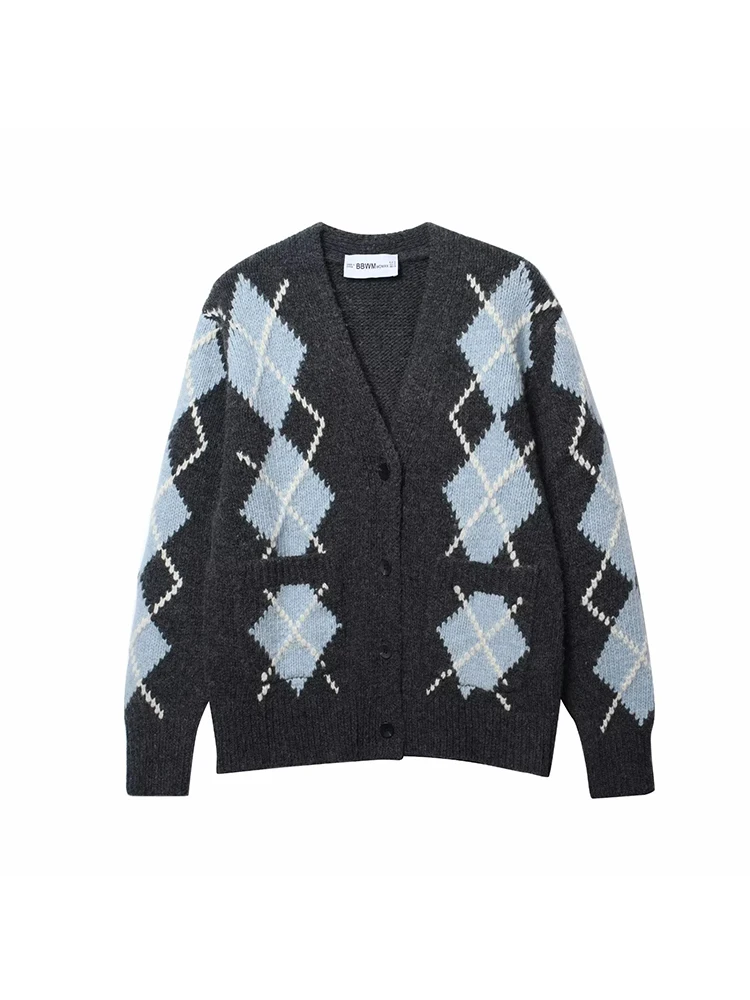 

Women Cardigan Argyle Sweater Fashion Button V Neck Long Sleeve Knitted Plaid Sweater Street Wear Female Thin Jacket