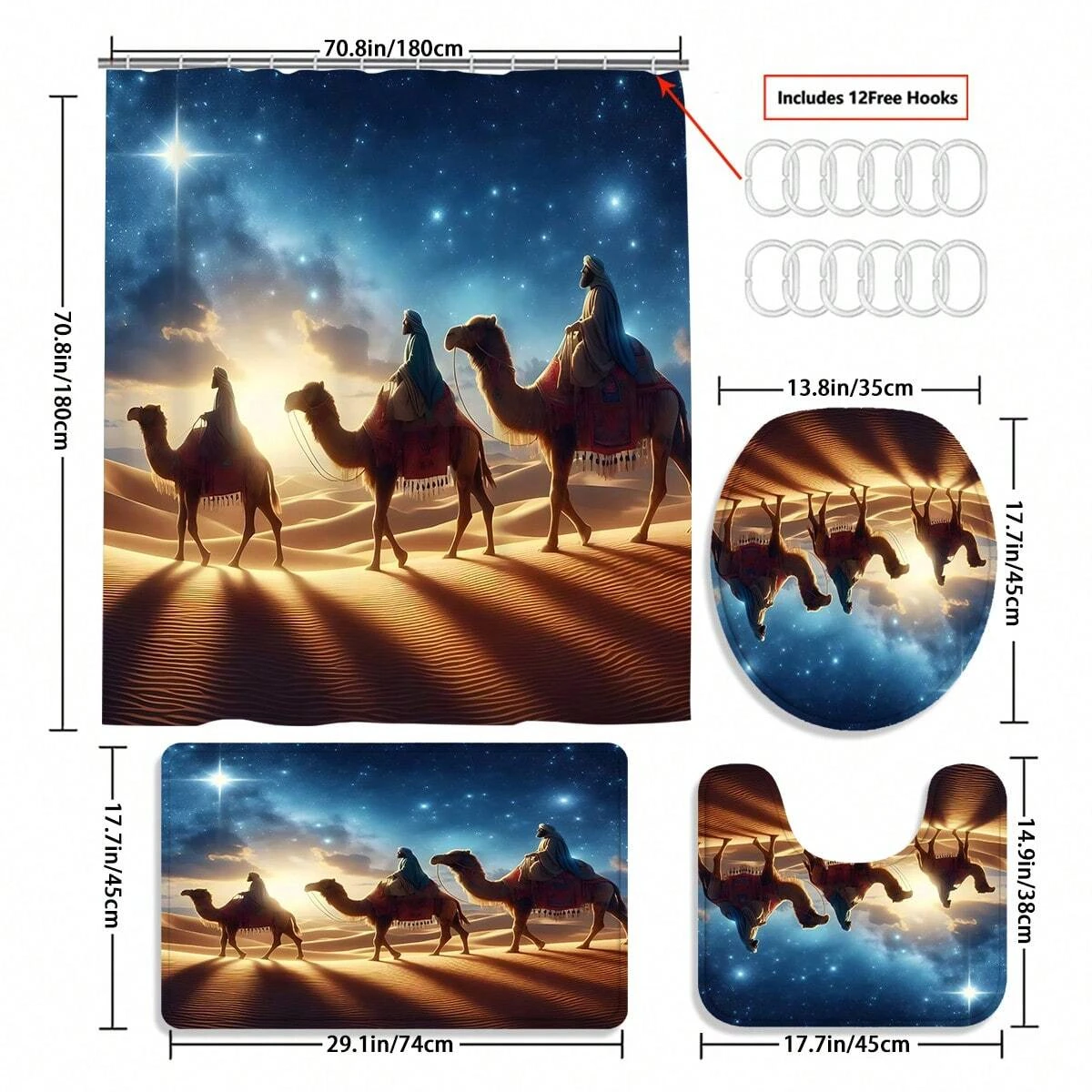 4pcs Desert Galaxy Camel Pattern Bathroom Set, Waterproof Fabric Shower Curtain With 12 Hooks, Non-Slip Bath Mat, Bathroom Decor