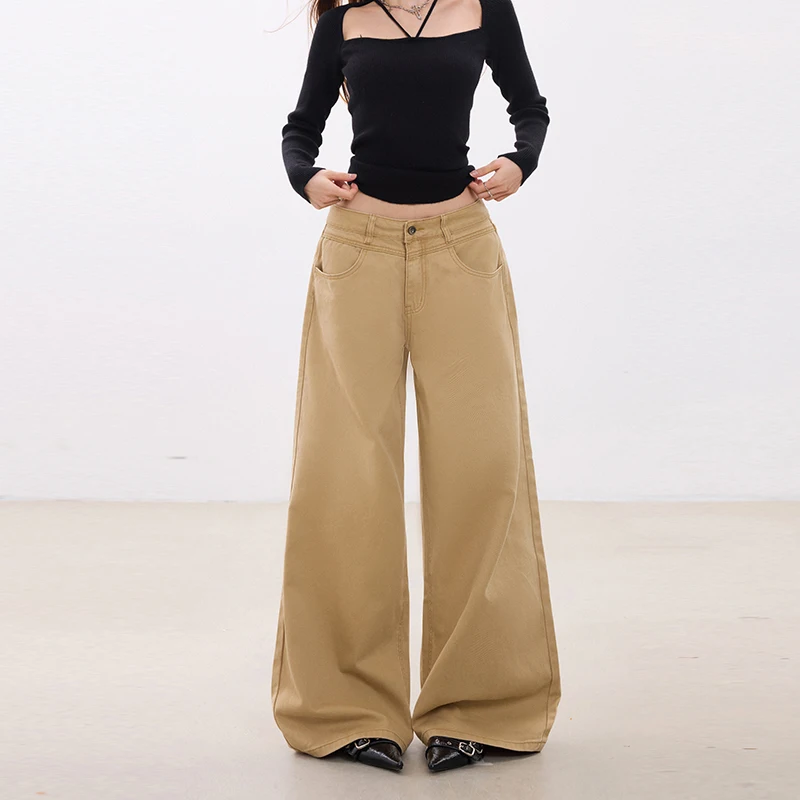 Women's Khaki Low Waist Wide Leg Jeans, Autumn Winter Loose Baggy Denim Pants, Vintage Casual Oversized Trousers With Adjustable