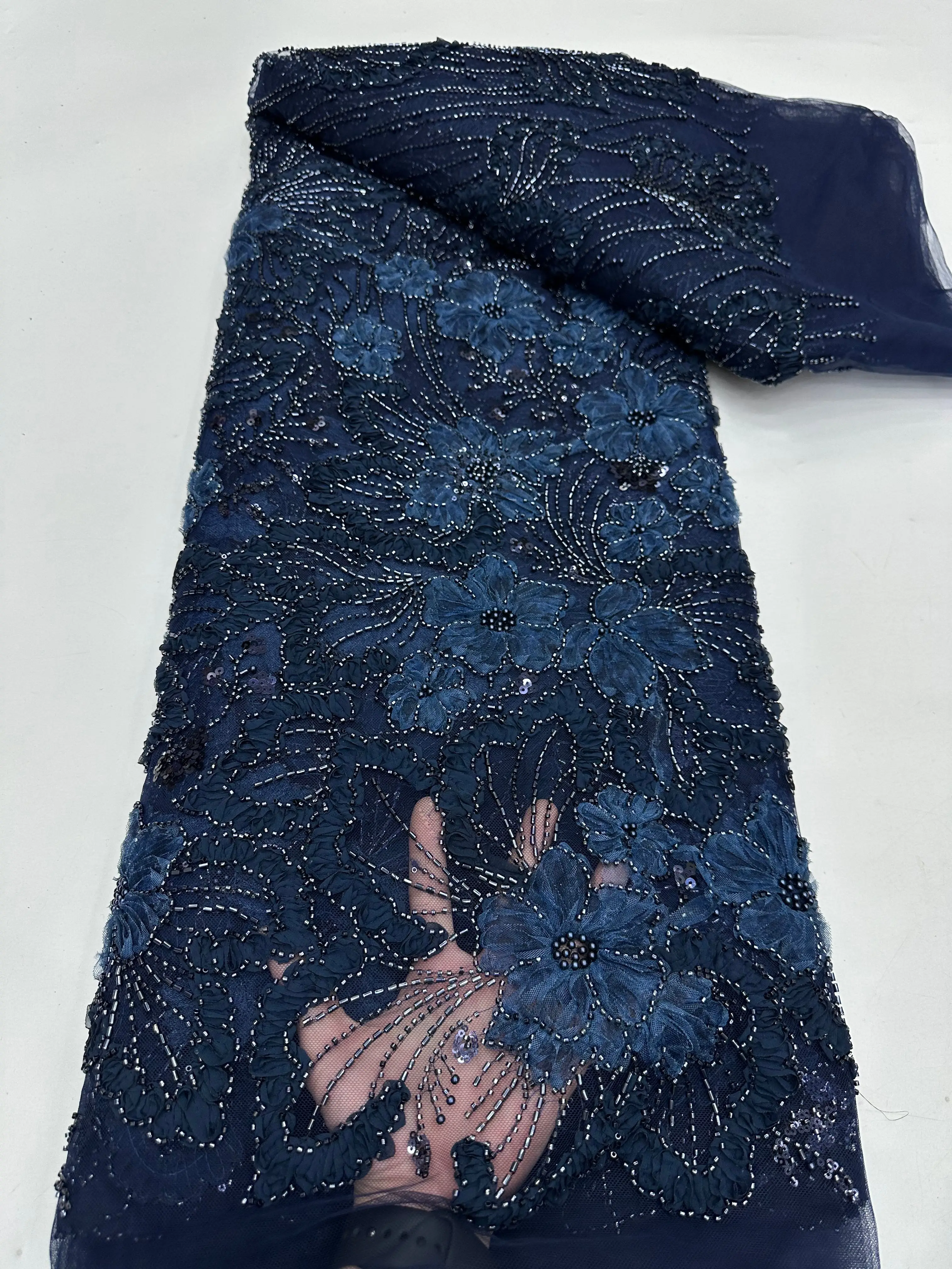 Nigerian 3D Embroidered Lace Fabric 2026 New African French Sequined Beaded Tulle Lace Fabric Dress Sewing Material 5 Yards 1932