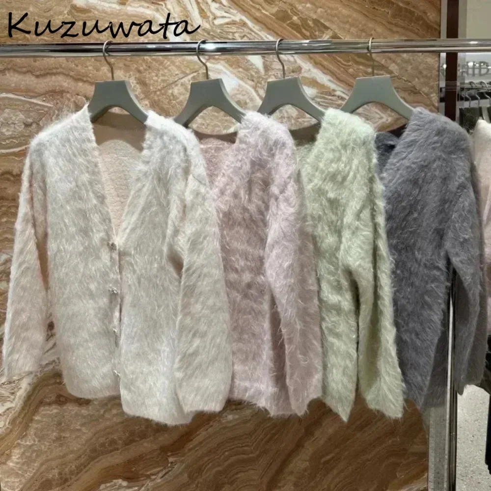 Kuzuwata 2024 Winter New Sweet Fur Fluffy Cardigan Mid-length Knit Solid Bow Button Jumper Japan Luxury Commuter Warm Sweaters