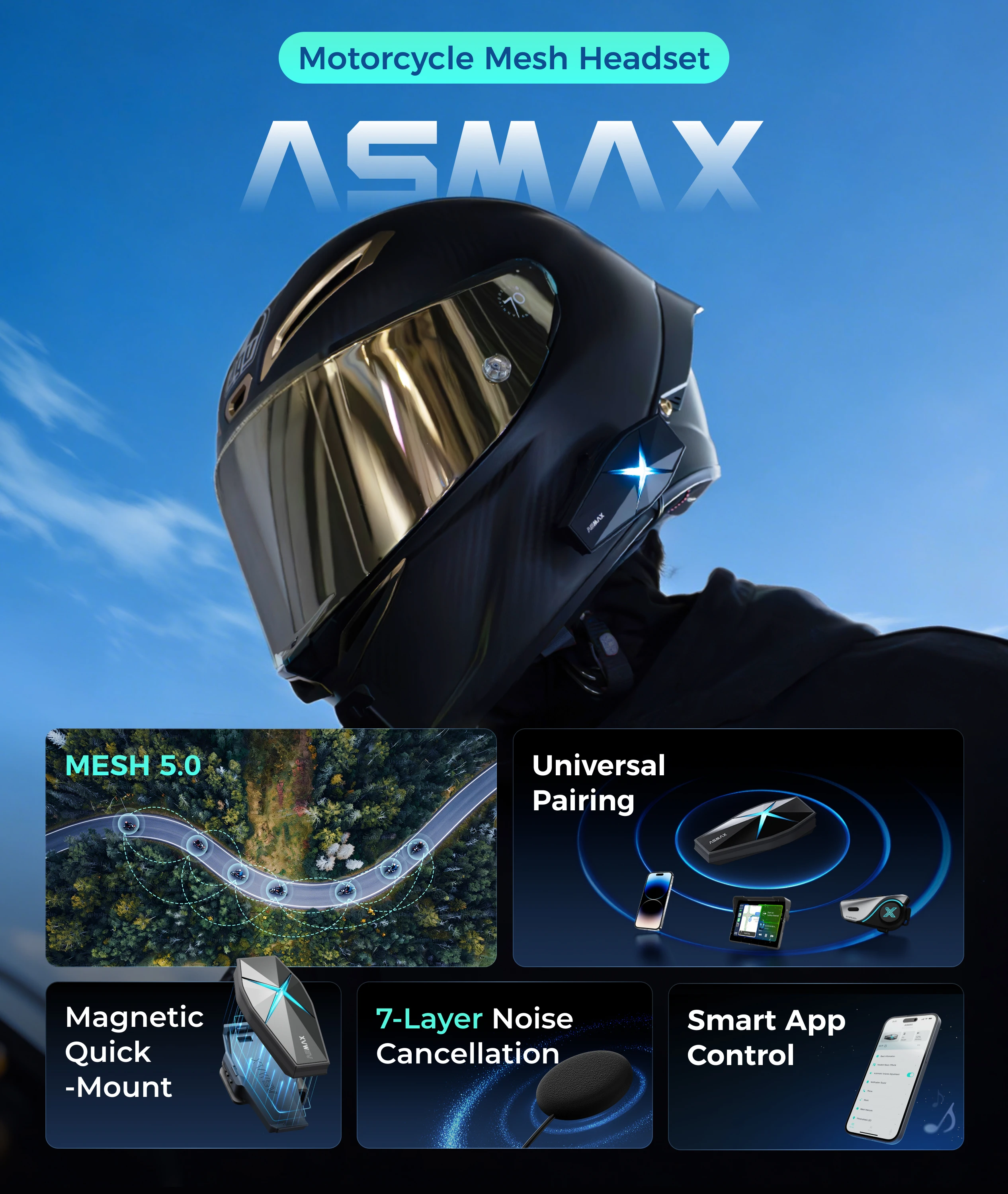 ASMAX F1 Bluetooth Helmet Headset 10 Rider Intercom