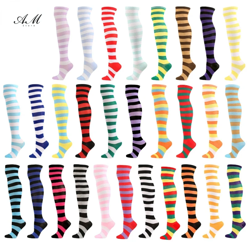 Summer Striped Thigh High Over The Knee High Socks for Women Long Stockings Cute Kawaii Cotton Knit Tall Leg Warmers Sock