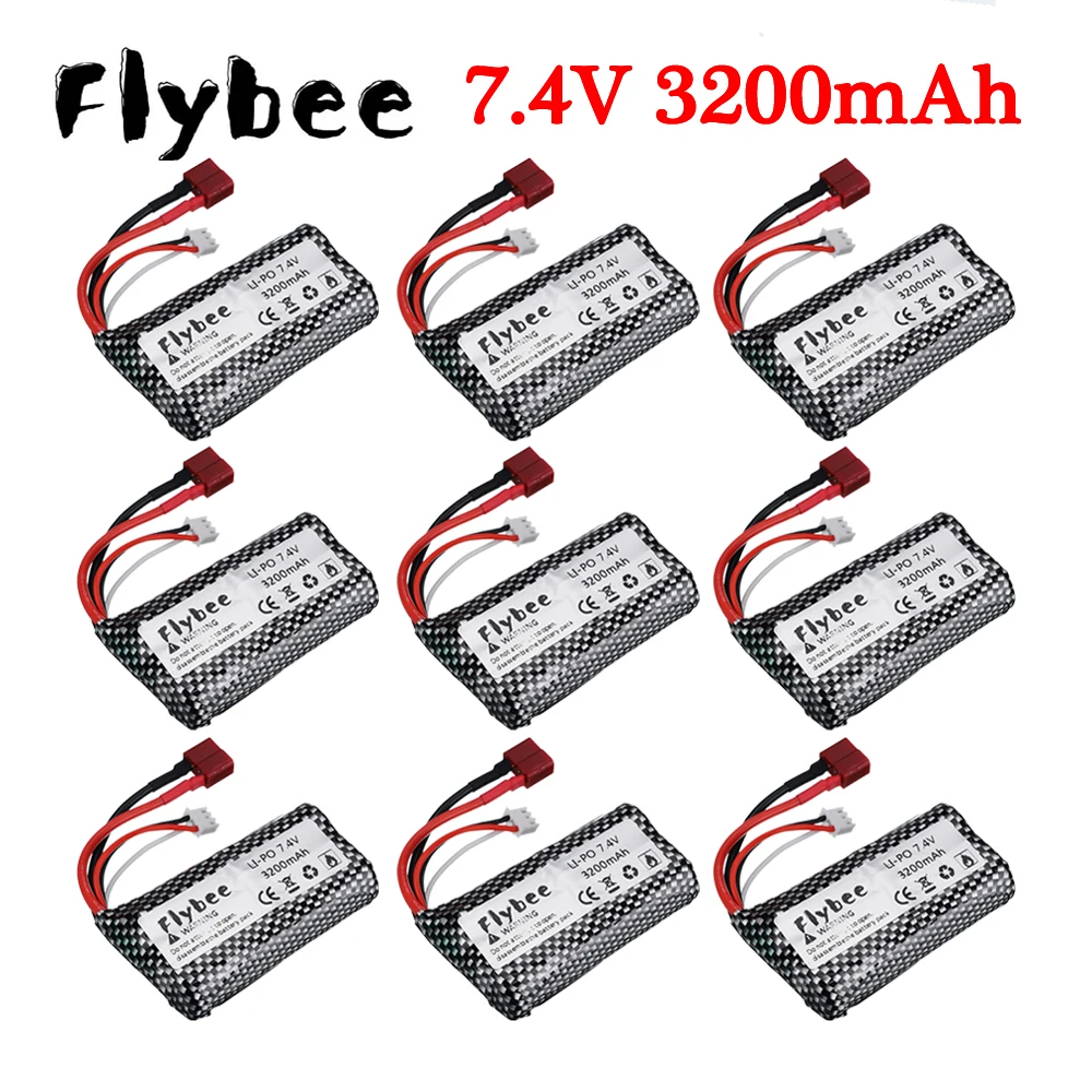 Batteria agli ioni di litio all'ingrosso 1-10 pezzi 7.4v 3200mAh 18650 2S 7.4V T Plug per Wltoys 144001   12428 12423 10428 RC Auto Giocattoli Parti Batteria