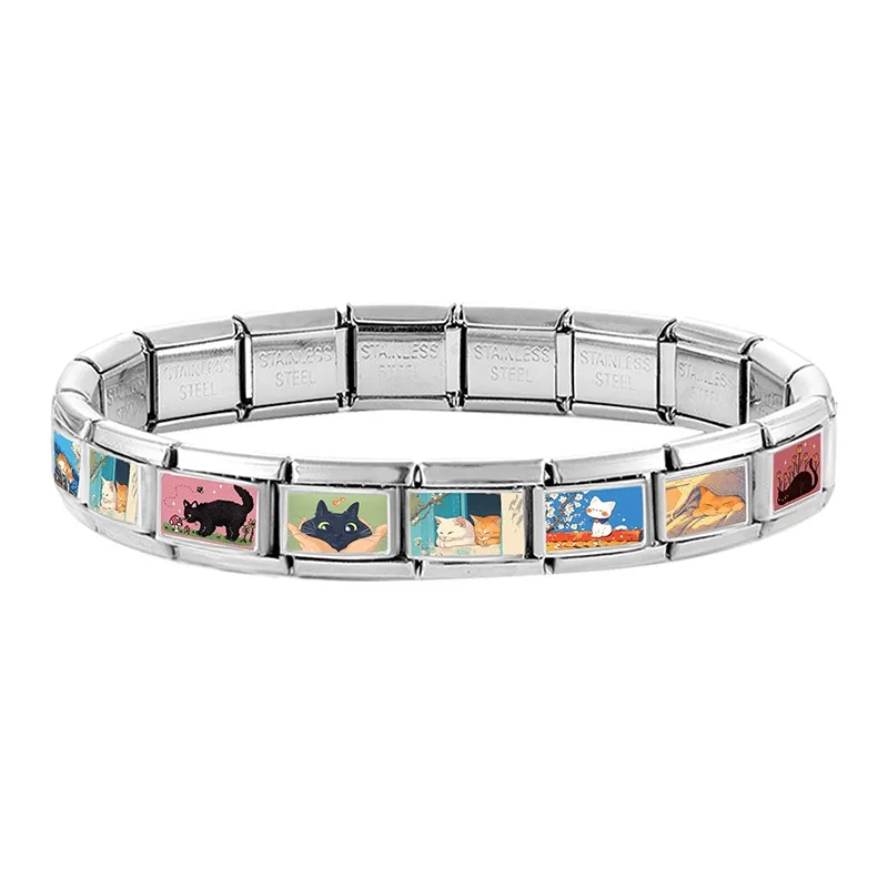 2026 New Women's Gift Cute Cat Looks at the cake Italian Charm Links Beads Fit 9mm Stainless Steel Modular Bracelet Jewelry Gift image 3