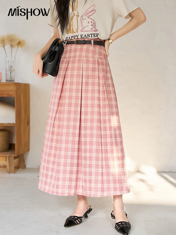 

MISHOW Summer Pink Plaid Pleated Midi Skirt with Belt Summer 2023 Retro A-line High Waist Umbrella Skirts Office Lady MXC21B0010