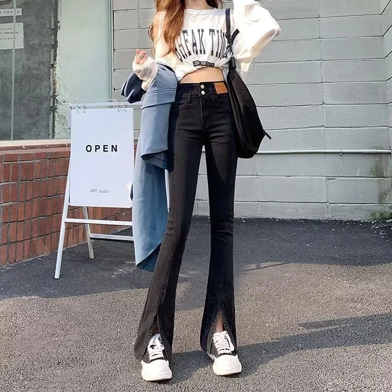 Flared Jeans Women High Waist Fashion Streetwear Casual Long Pants Korea Style Women's Denim Trouser Pants Slipt For Lady Girls