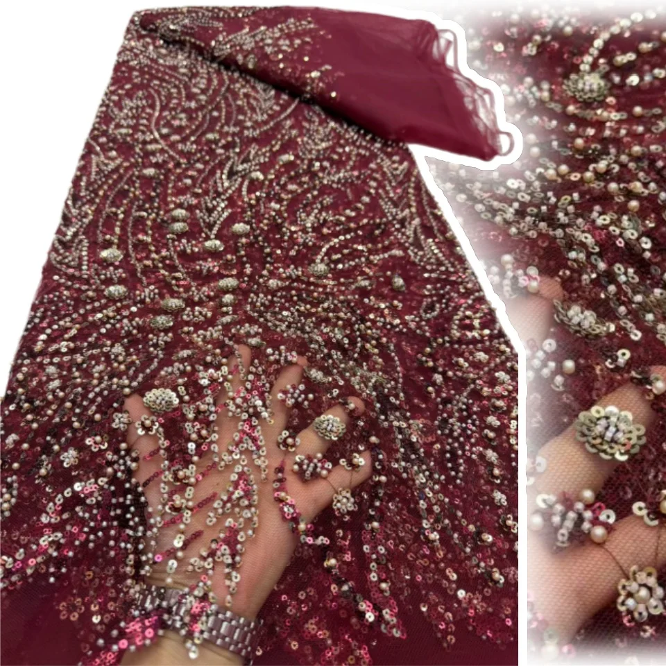 

Grape Purple African Groom Beaded Lace Fabric 2026 High Quality Nigerian Sequins Tulle Lace For Wedding Party Dress Sewing 2718