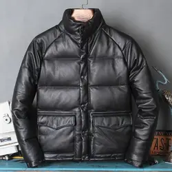 Genuine Leather Jacket Men Casual Thicken Warm Cowhide Down Jacket Male Stand Collar Coat Real Leather Man Puffer Jacket New