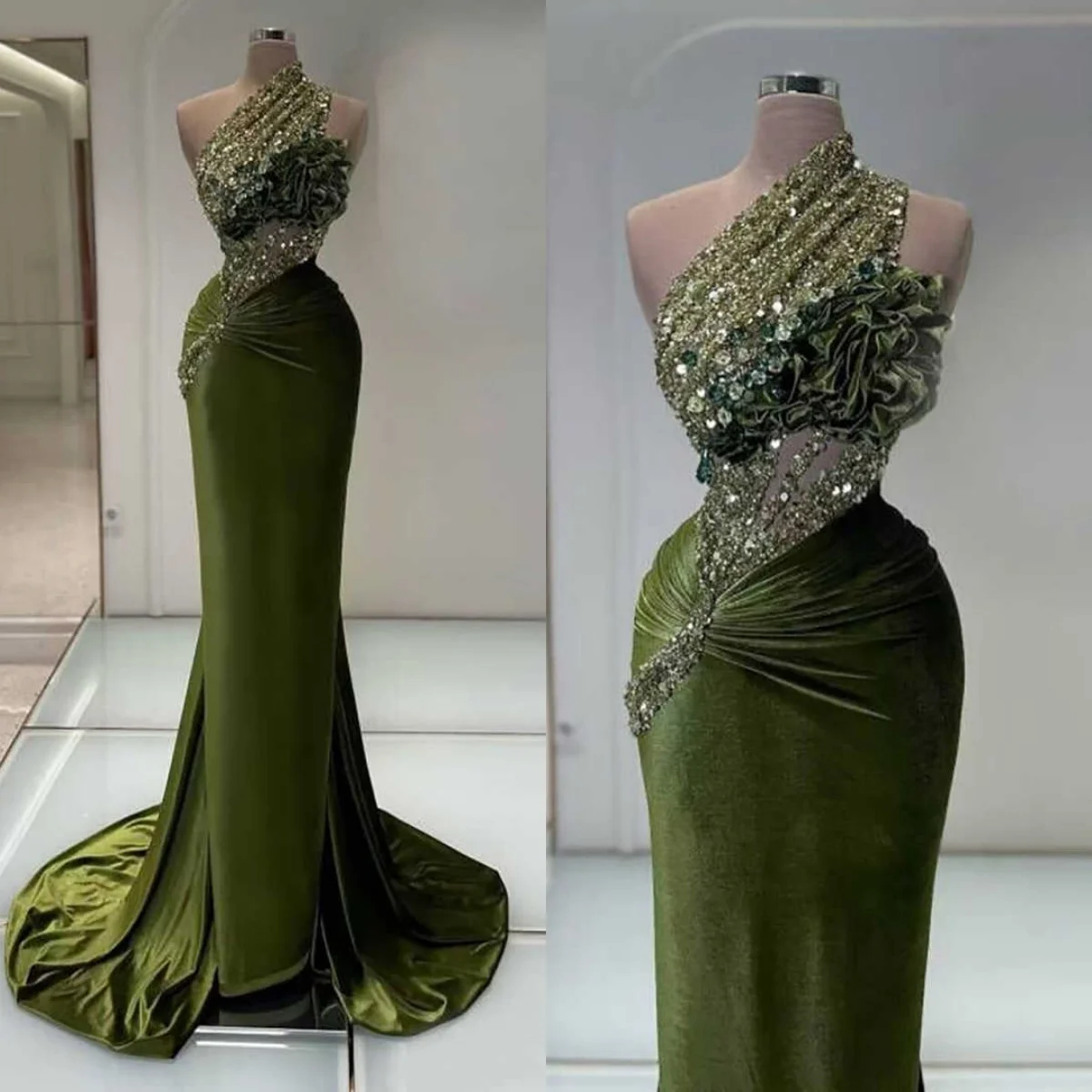 

Sparkly Sequins Mermaid Evening Dress One Shoulder Sleeveless Beaded Prom Gowns Green Floor Length Party Dresses Customized