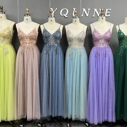 Sexy Spaghetti Straps Slit Rhinestones Evening Dresses V-Neck Tulle Beading Prom Gowns Floor Length Robe De Soiree