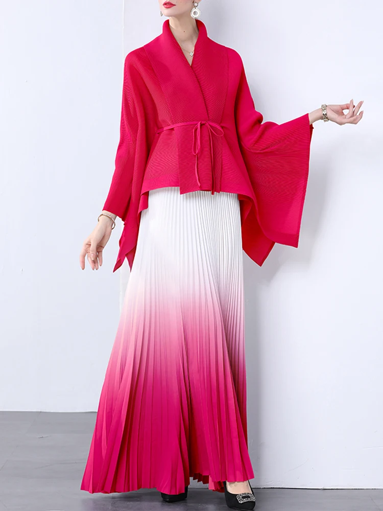 GVUW Pleated 2 Pieces Set Women Lapel Lace-up Coats + Gradient A Line Skirts New 2024 Female Loose Female Clothing 17G8576