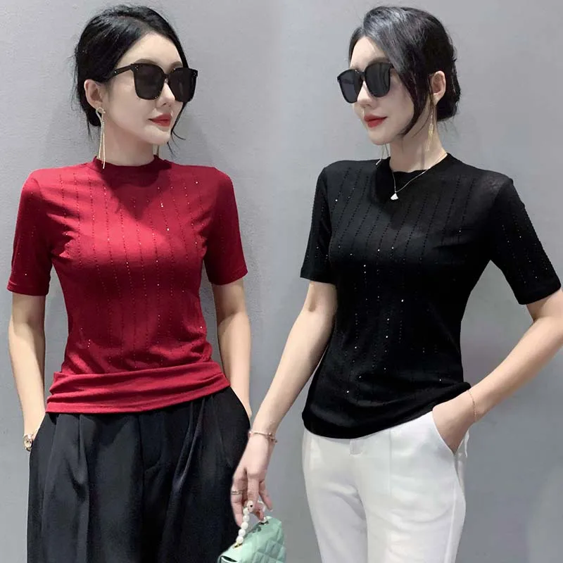 MadBlack-Women's European T-Shirt, Sexy Mock Neck Diamonds Patchwork, Streetwear Short Sleeve Slim Tee, 2025 Summer New T52820CC