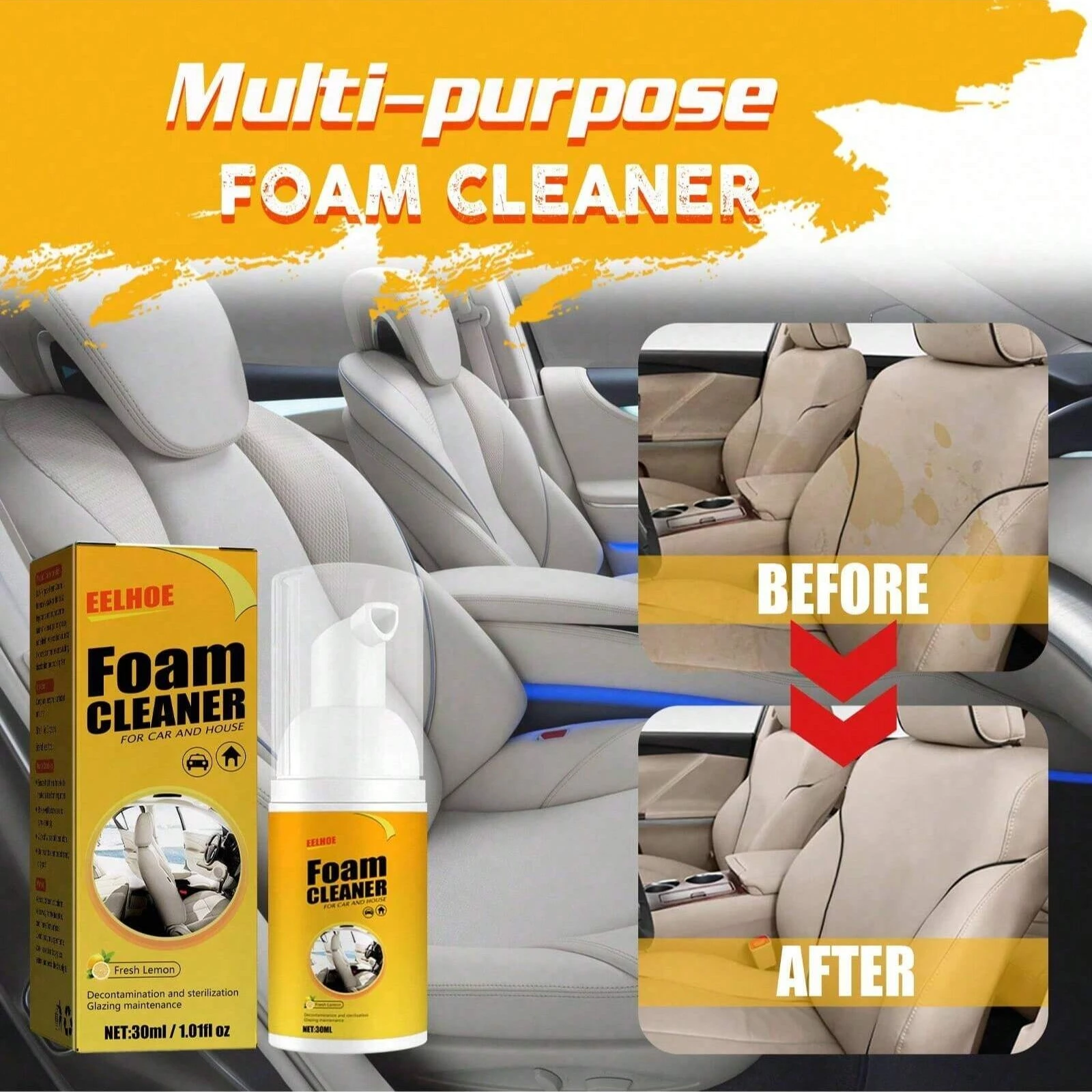 Multi Surface Foam Cleaner 30ml Lemon Scent Car Door Panel Leather Fabric Stain Remover Household Portable Interior Cleaning Kit