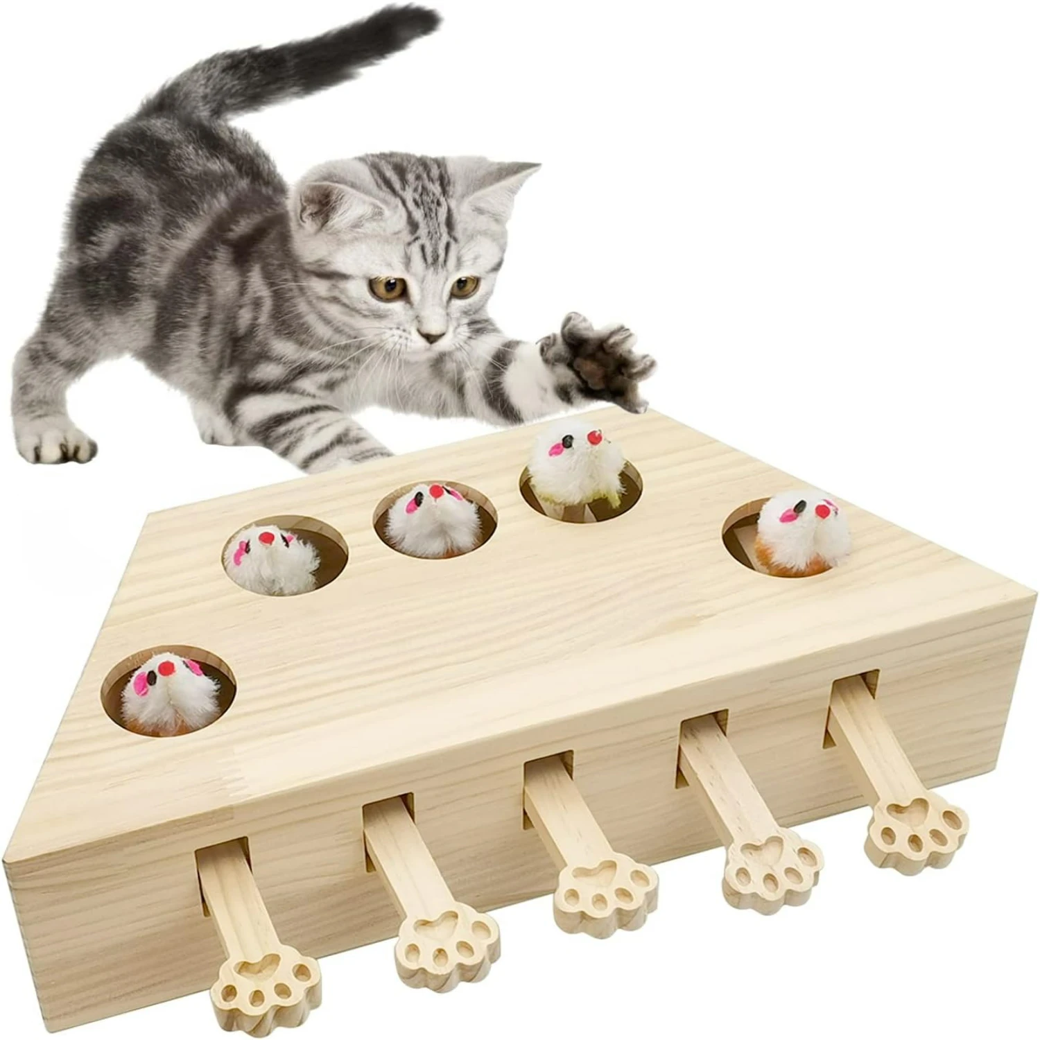 

Interactive Solid Wood Cat Enrichment Puzzle Toy for Indoor Cats - Fun Whack A Mole Game to Entertain and Engage Kittens of All