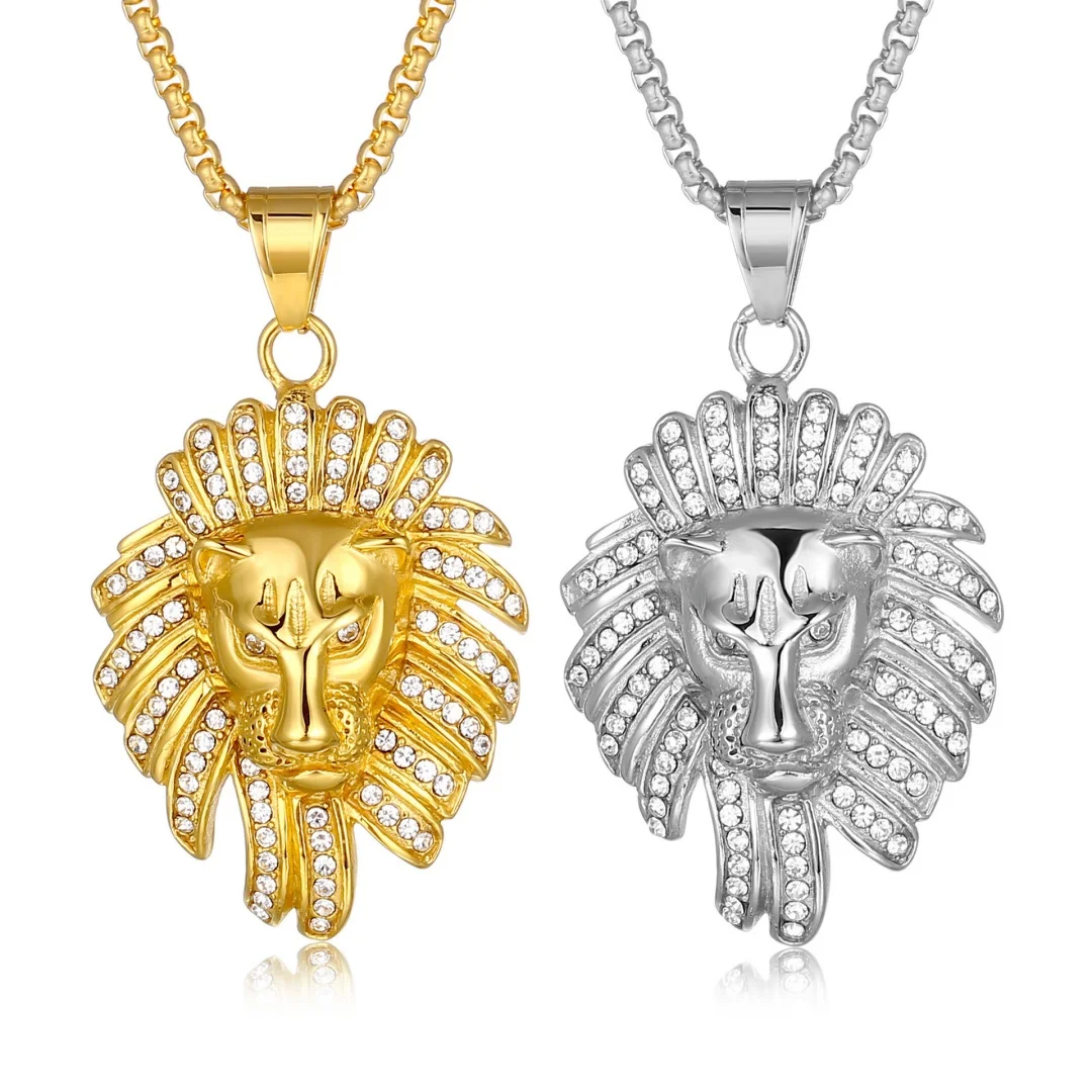 

Punk Iced Out Tennis Lion Head Pendant Gold Silver Color Stainless Steel Zircon Animal Necklace for Woman Man Jewelry Wholesale