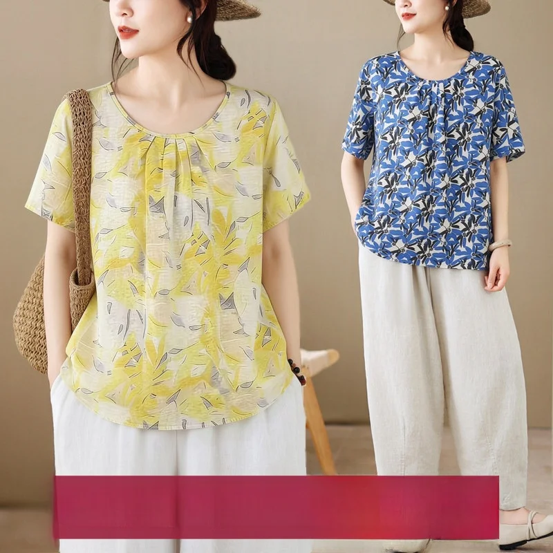 

Loose Fit Floral Print T-Shirt Women's Summer Thin Cotton Short Sleeve Casual round Neck Pleated Design Versatile plus Size