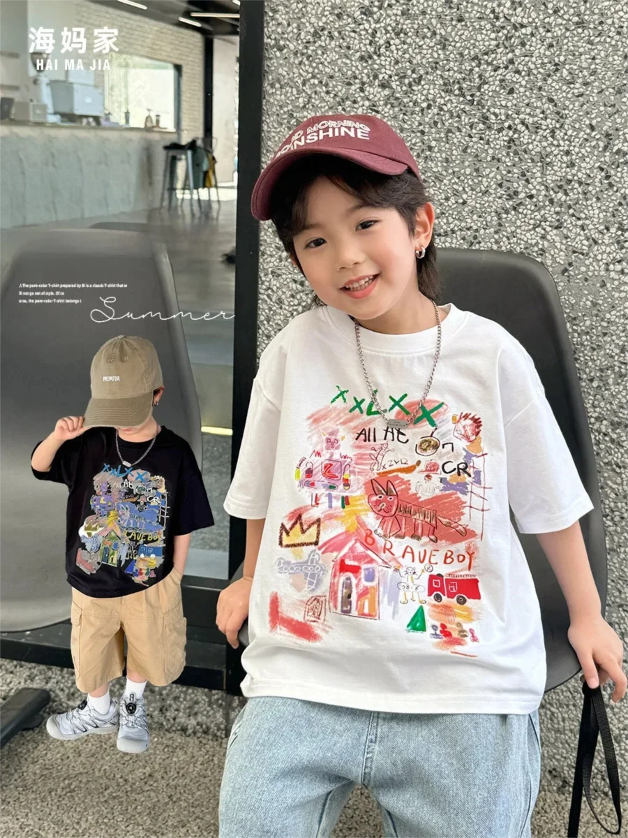 

Summer Korean Style Children's Cotton Short Sleeve T-Shirt Graffiti Print Casual Tops for Kids Baby T-shirt