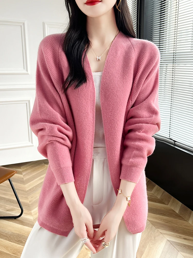 

High Quality Autumn Winter Women 100% Merino Wool Sweater Open Stitch Solid Knitted Cardigan Casual Basics Cashmere Clothing Top