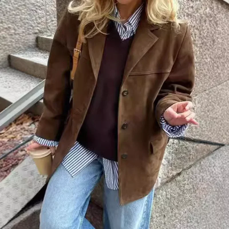 

Vintage Lapel Long Sleeves Brown Jacket Women Chic Singel Breasted Big Pocketsloose Coat 2025 Spring Casual Commuter Clothing