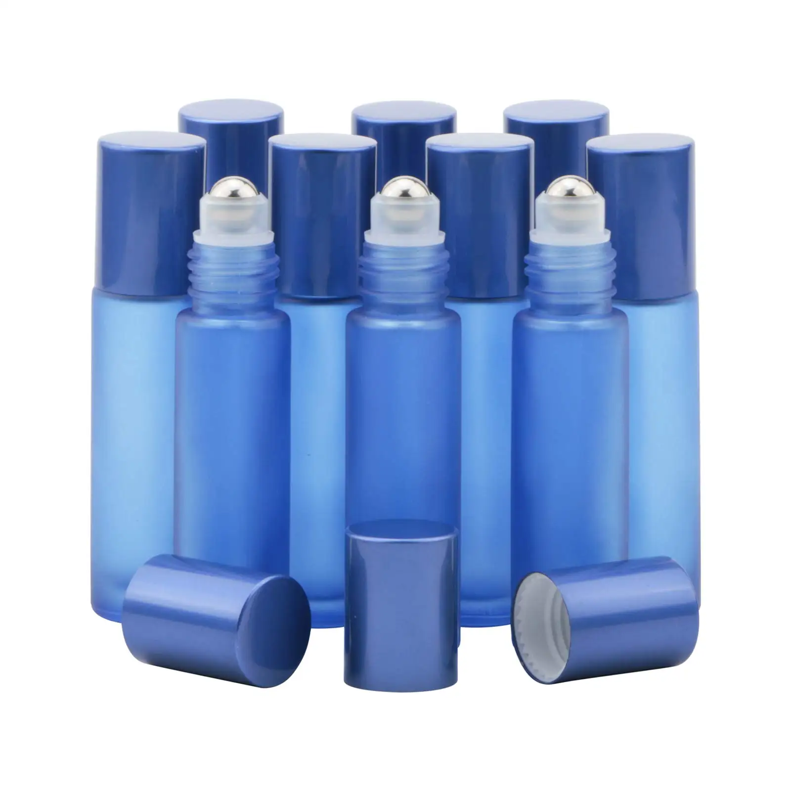 10 sztuk niebieskich szklanych butelek z kulką, 10 ml butelek na olejki eteryczne wielokrotnego użytku ze stali nierdzewnej, mini olejek pod oczy do podróży/domu