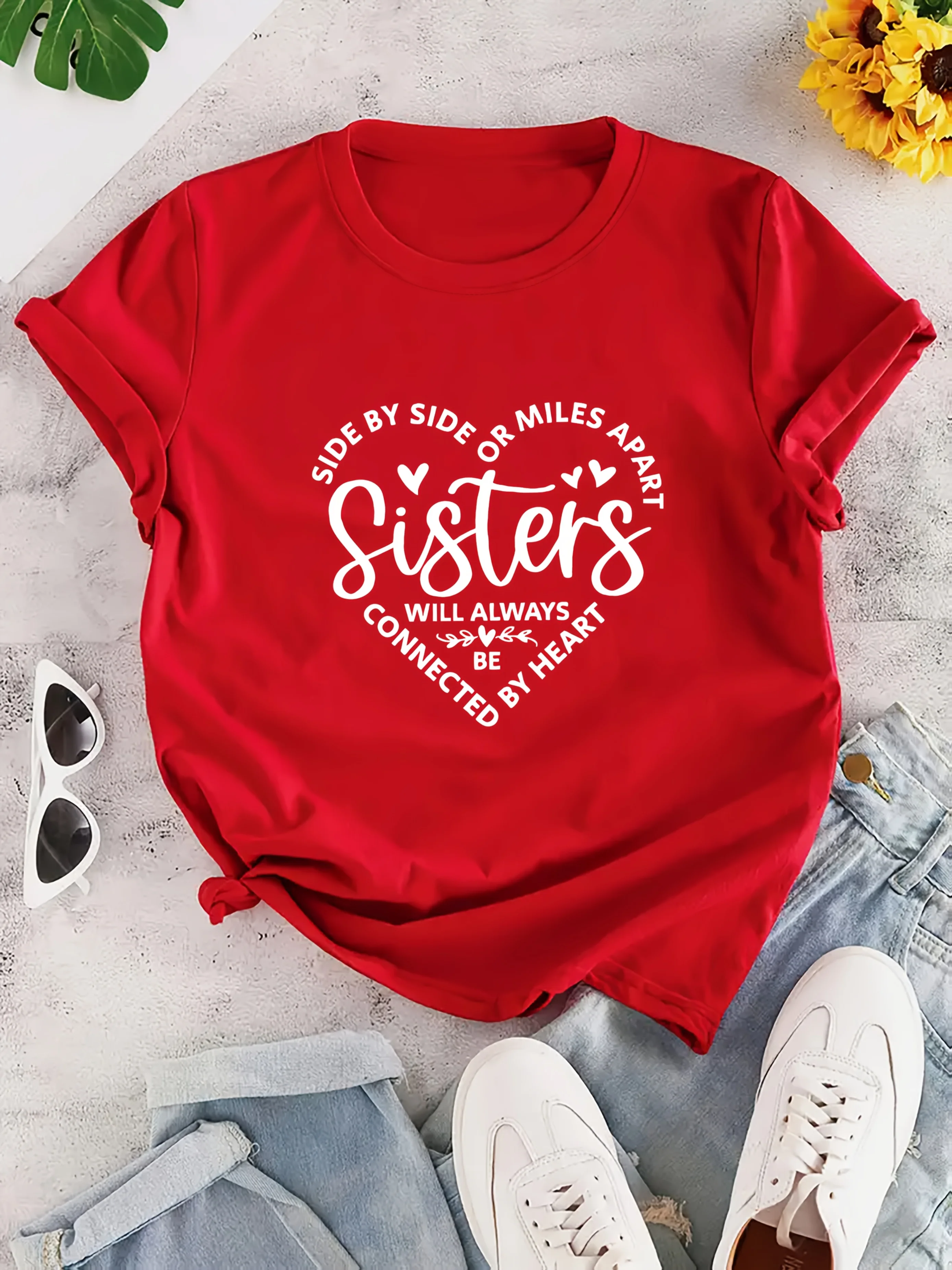 

Sisters Letter Print - Women's T-shirt Top Casual Short Sleeve Crew Neck Aesthetic Clothes