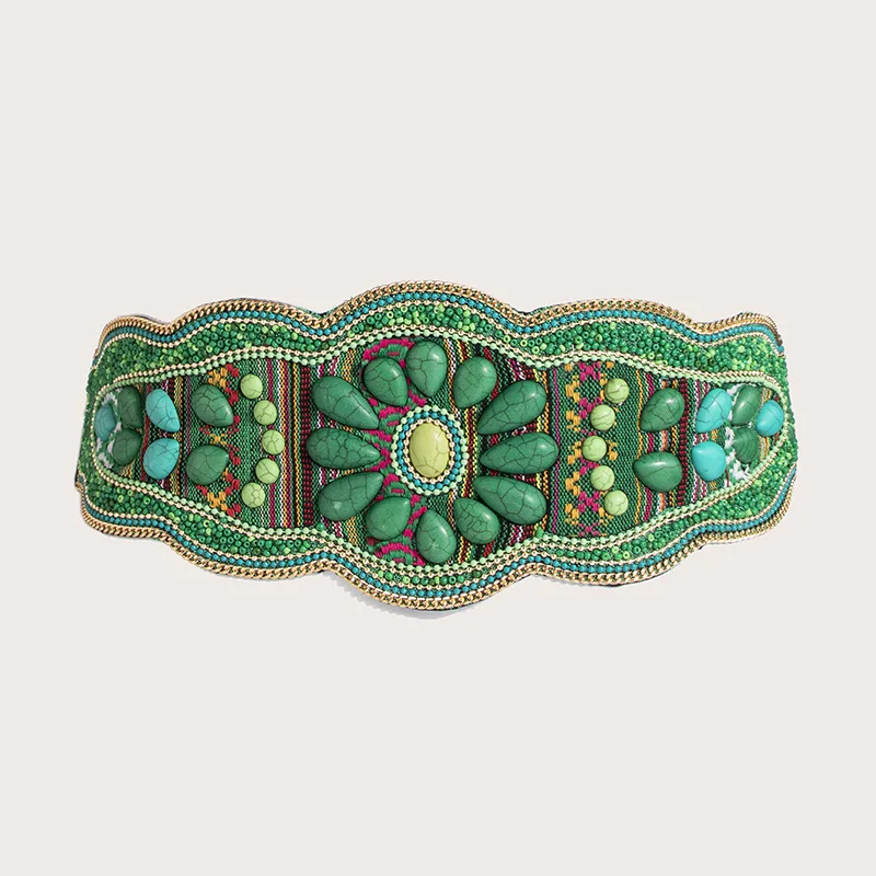 새로운 스타일 여성의 무거운 작업 Bosimia 소나무 돌 수제 구슬 허리 인감 국립 스타일 탄성 스냅 버클 벨트