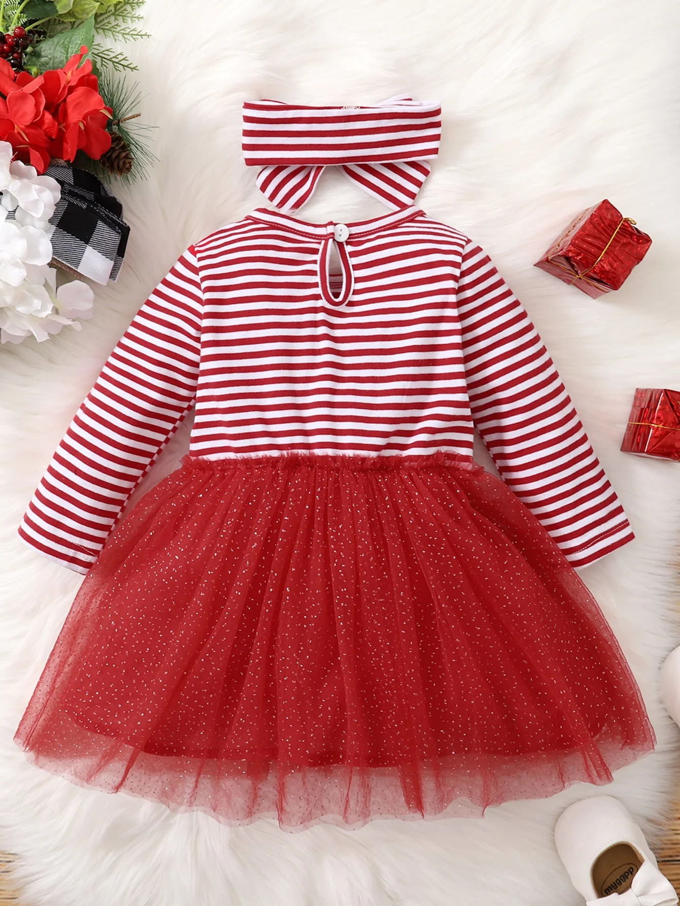 Baby Girl Autumn/winter Red Striped Christmas Deer Mesh Long Sleeved Dress