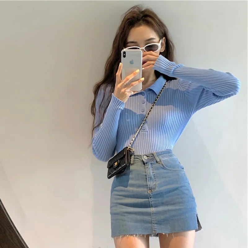 New Fashion Turn Down Collar Sweaters Casual Knitted Tops Slim Fit Sweater Autumn Winter Button Pullover Women Clothes 28763