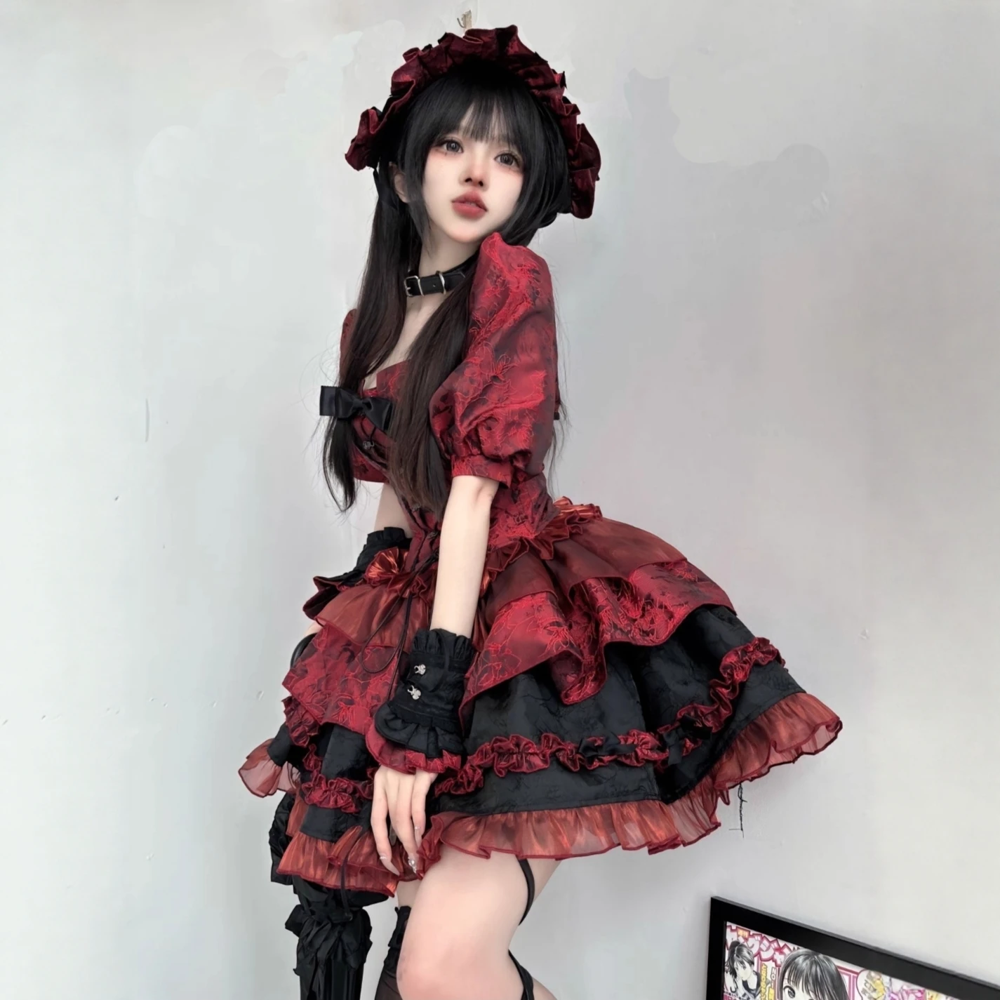 تنورة لوليتا لوليتا باللون الأحمر من Loween Fibone ter طقم أورم للمدرسة الحلوة للسيدات لخريف 2025 #3
