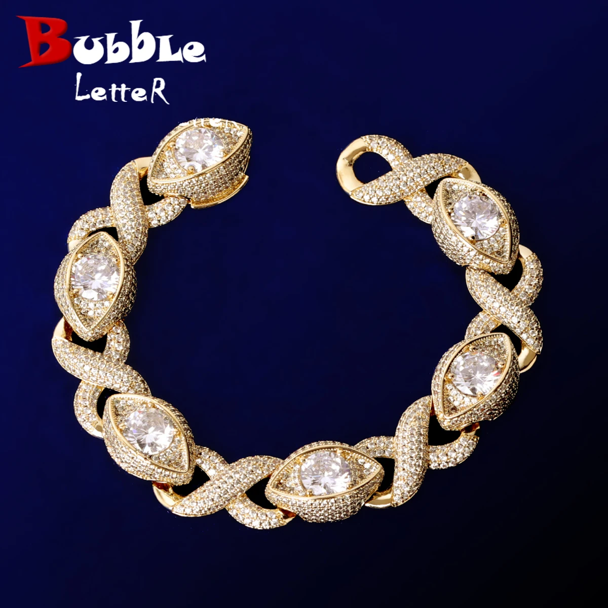 Bubble Letter Iced Out Shape 8 Eye Cuban Link Bracelet for Men Prong Setting Hip Hop Jewelry