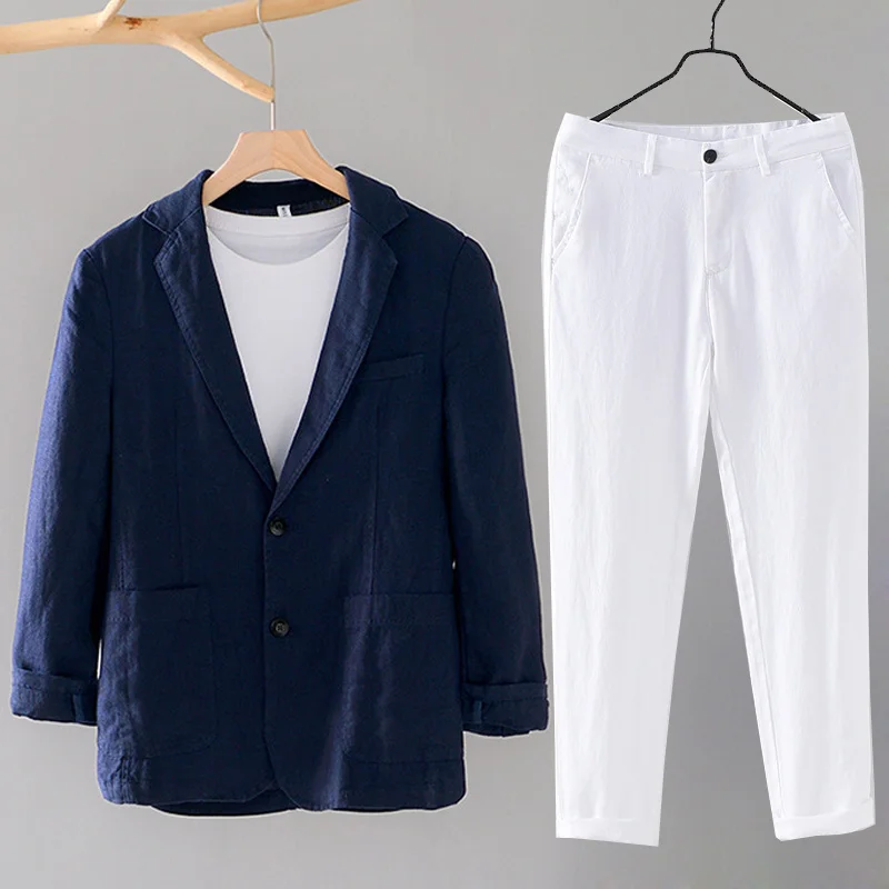 White Linen Suit Men's Spring Summer Cotton Casual Jacket Man Thin 2 Piece Set Blazer Long Sleeve Pants Fashion 2023