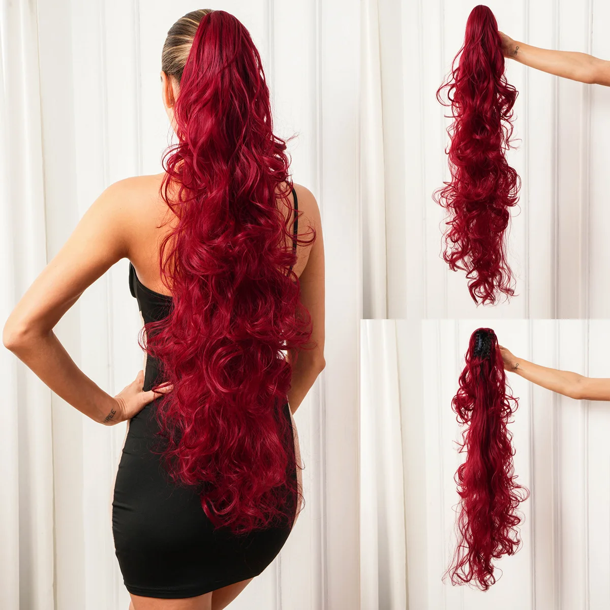 European and American women's fashion wig, wine red long curly hair, synthetic ponytail