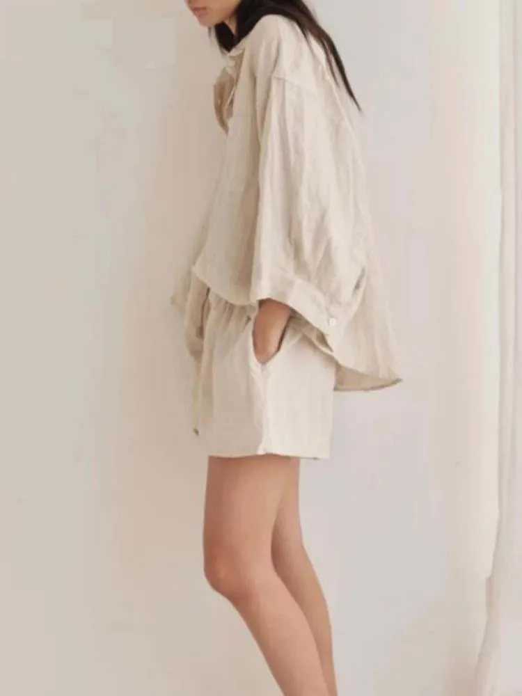 NHKDSASA Two Piece Set Women Home Suit 2022 Cotton Linen Shorts Sets Vintage Boho Shirt High Waist Loose Shorts Mujer Sets