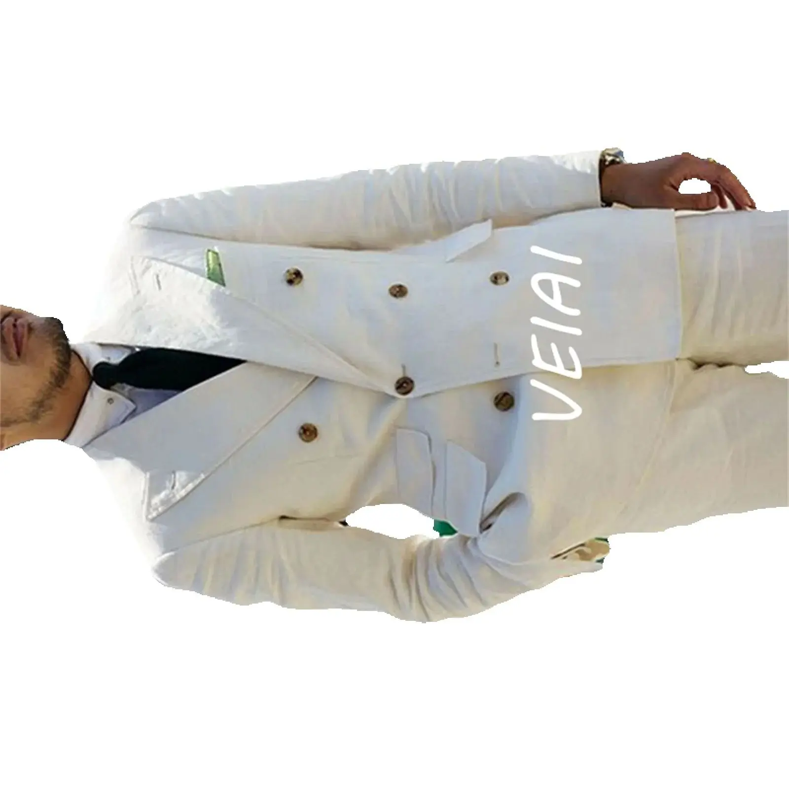 

Кремовый льняной приталенный повседневный летний мужской костюм по индивидуальному заказу, двубортный свадебный пиджак из 2 предметов с широкими остроконечными лацканами для жениха